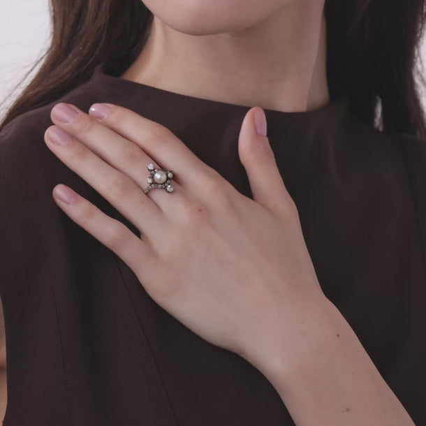 Victorian GIA natural pearl diamond 14k rose gold and silver ring