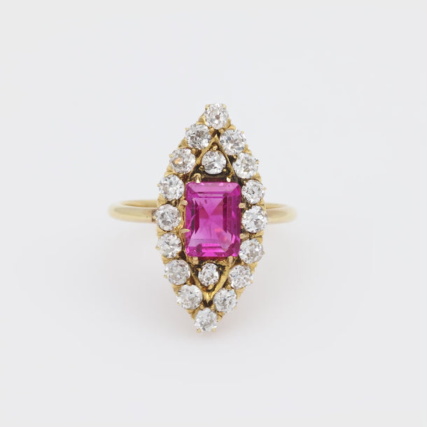 Edwardian AGL 2.12 carat Burma no heat ruby diamond 18k yellow gold Navette ring Jack Weir & Sons