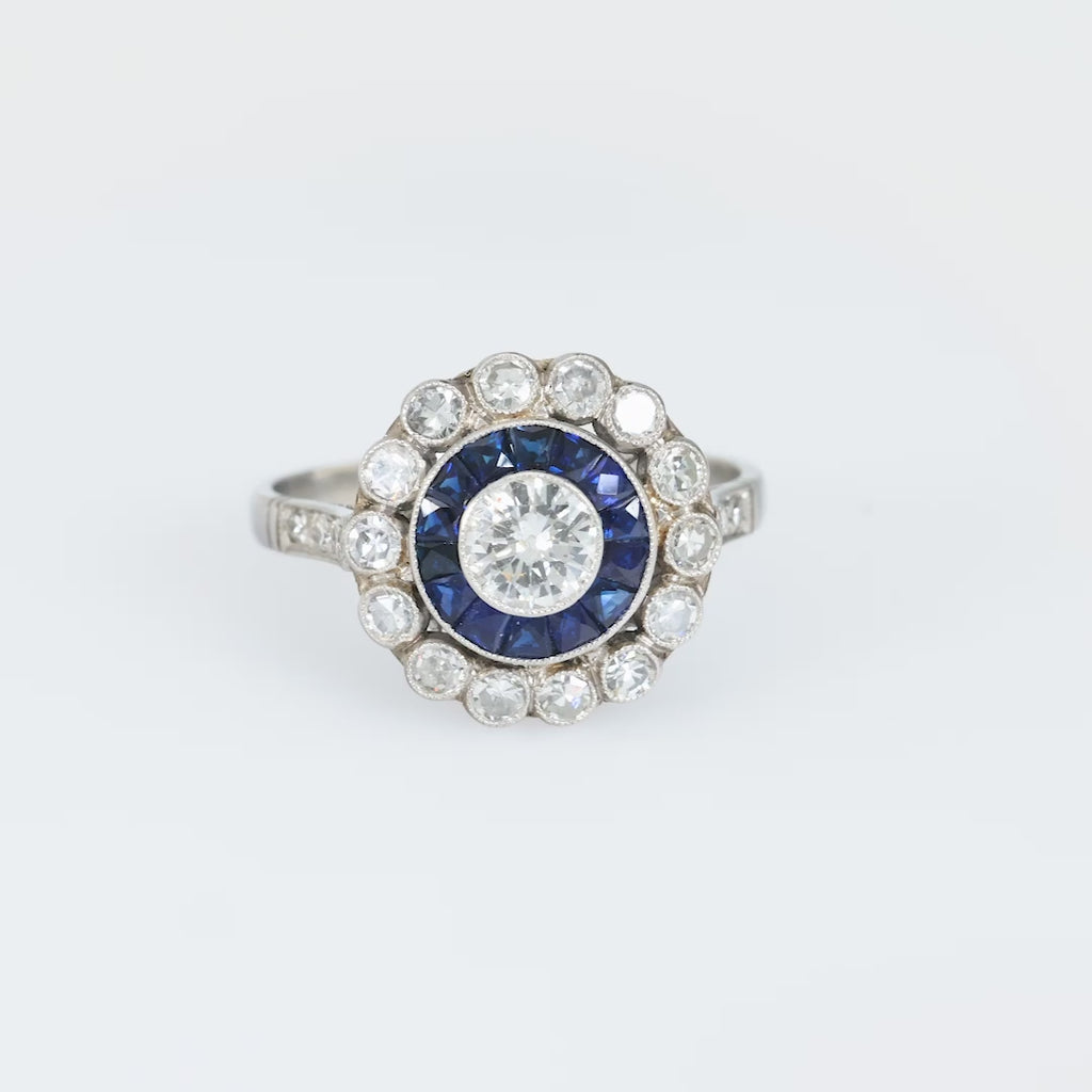 Art Deco style 0.35 carat diamond sapphire platinum target ring