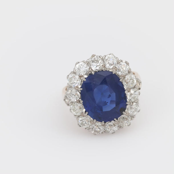 French GIA 6.44 carat no heat sapphire diamond 18k cluster ring Jack Weir & Sons