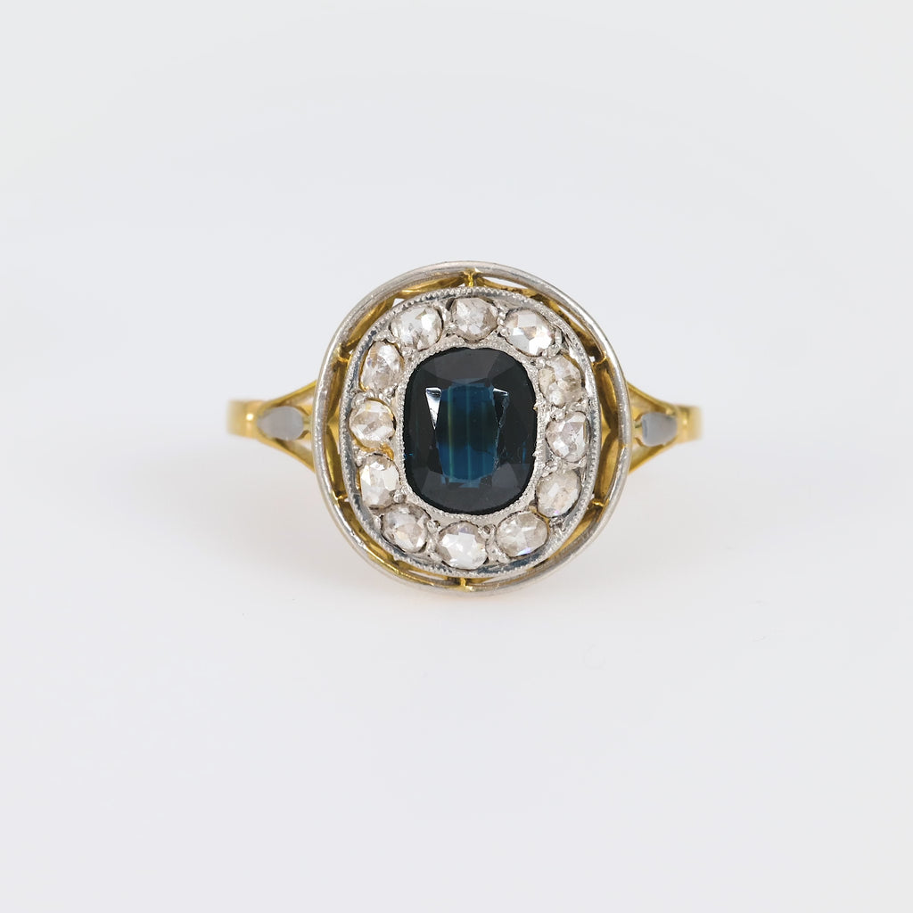 Edwardian sapphire diamond 18k yellow gold cluster ring Jack Weir & Sons