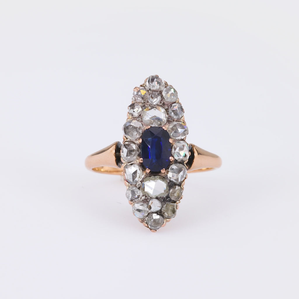 French Belle Époque Sapphire Diamond 18K Rose Gold Navette Ring