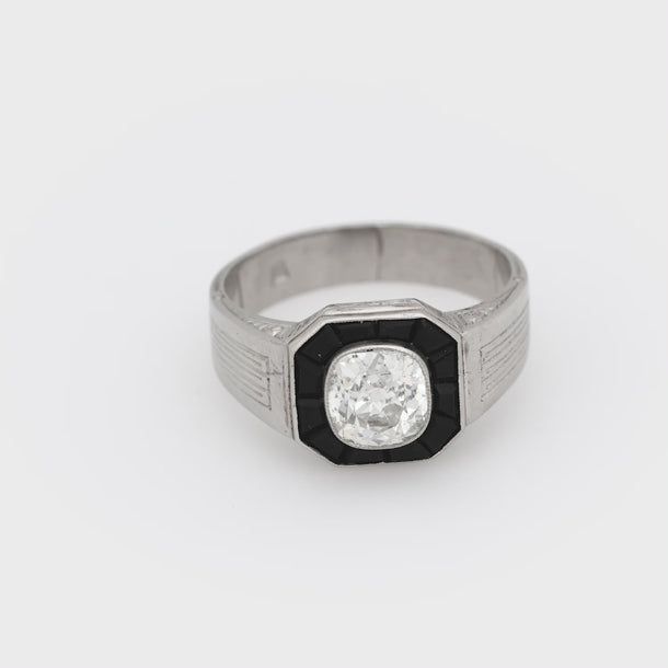 Art Deco style 1.25 carat old mine cut diamond onyx platinum engagement ring Jack Weir & Sons