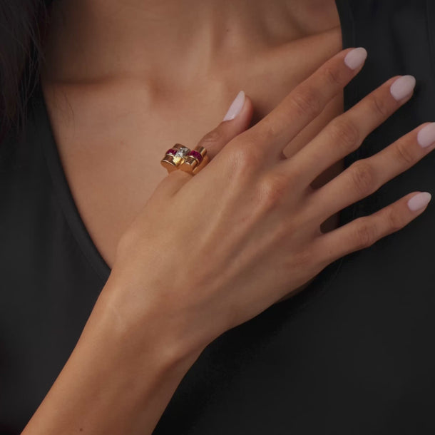 French Retro diamond ruby 18k rose gold tank ring