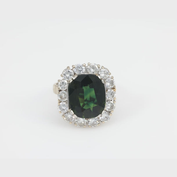 GIA 6.37 carat no heat green-blue sapphire diamond 18k white gold cluster ring Jack Weir & Sons