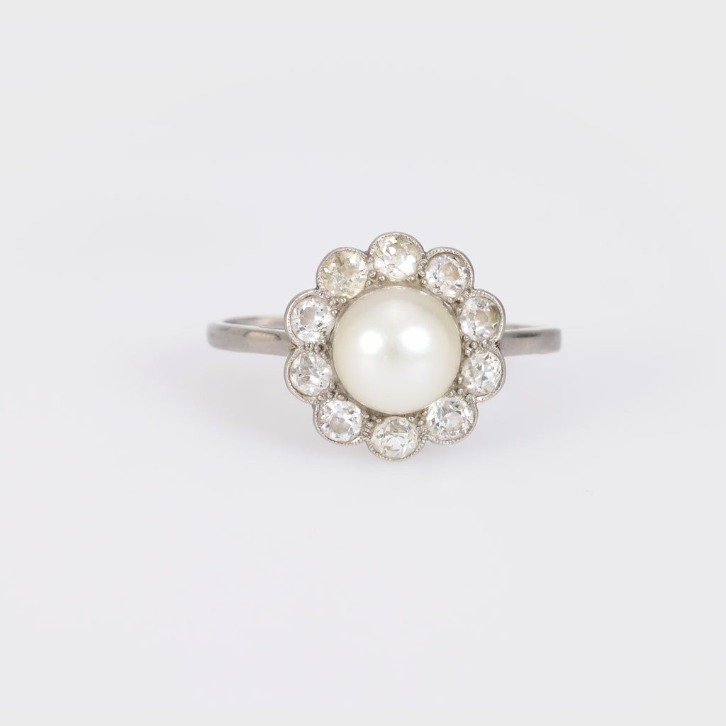 Edwardian natural pearl diamond platinum cluster ring Jack Weir & Sons