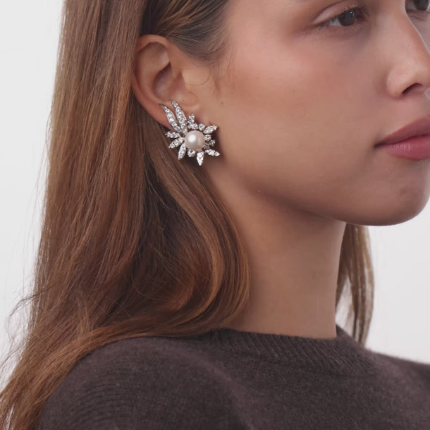French Mid Century pearl diamond 18k white gold earrings