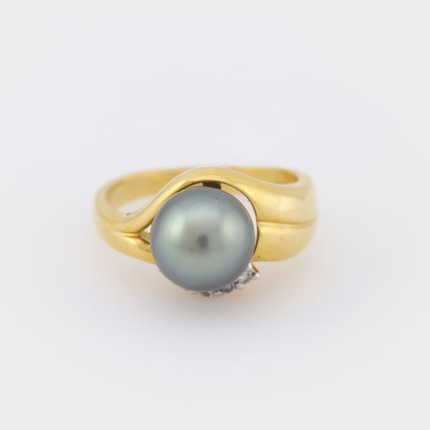 Vintage Tahitian pearl diamond 18k yellow gold cocktail ring Jack Weir & Sons