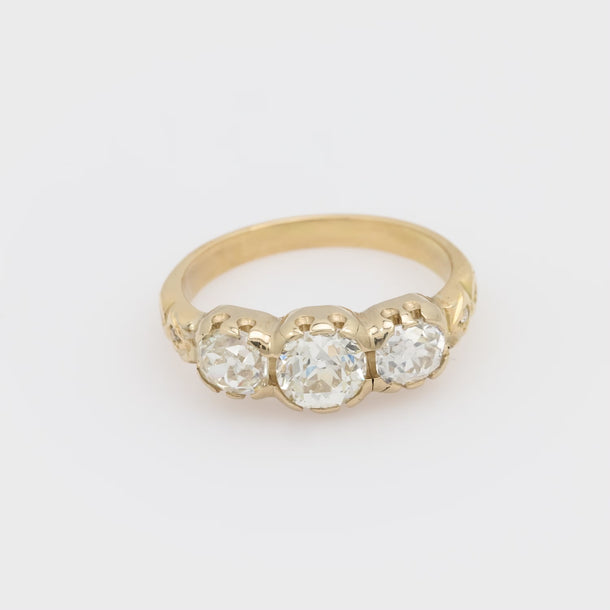 French 2.05 carat old European cut diamond 18k yellow gold 3 stone ring Jack Weir & Sons