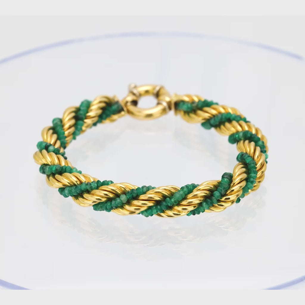 Vintage Beaded emeralds 18k yellow gold rope bracelet Jack Weir & Sons