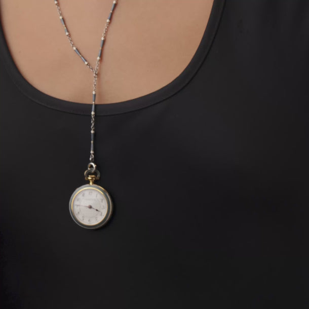 Tiffany & Co. Edwardian diamond 18k gold platinum enamel watch necklace