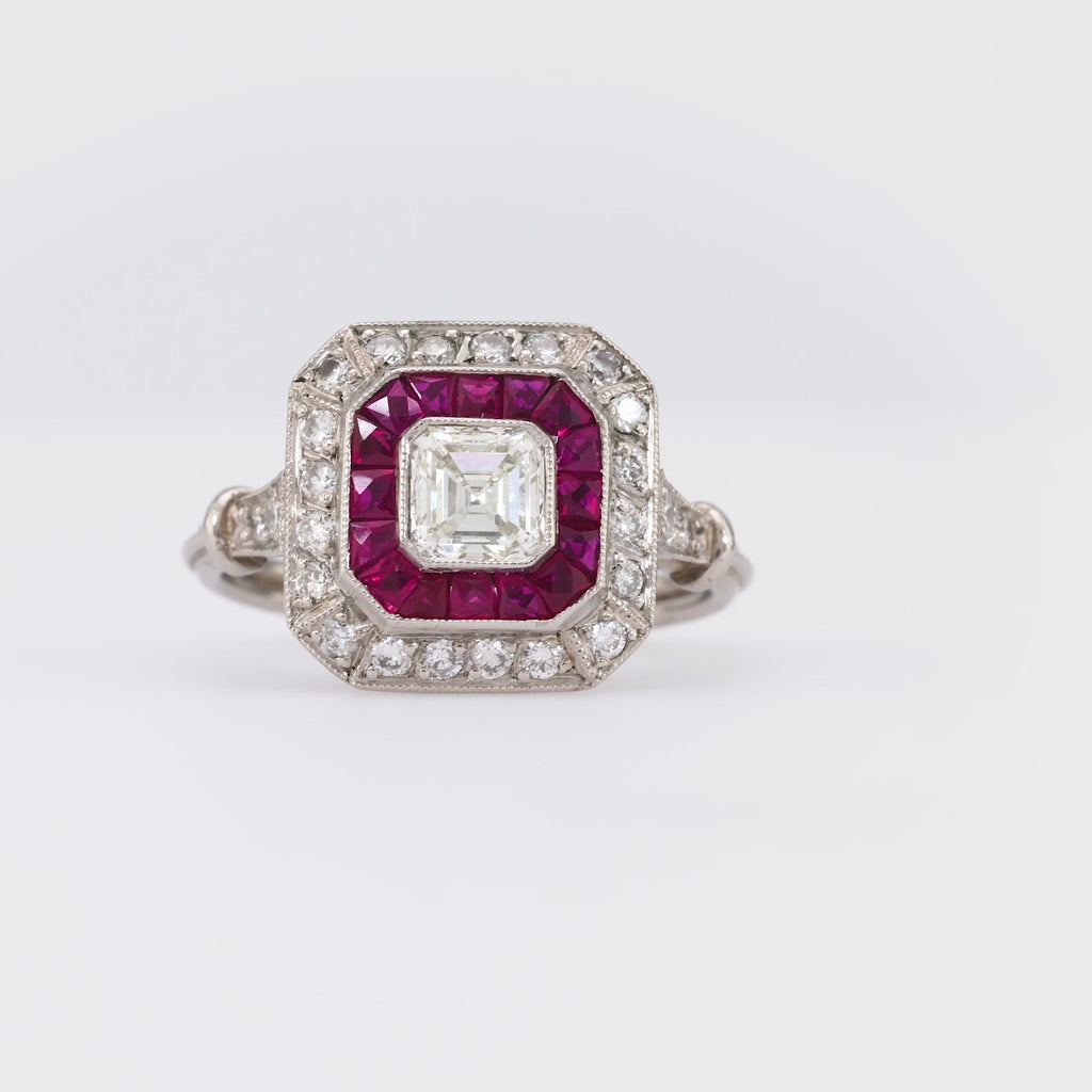 Art Deco Style Diamond Ruby Platinum Square Halo Ring