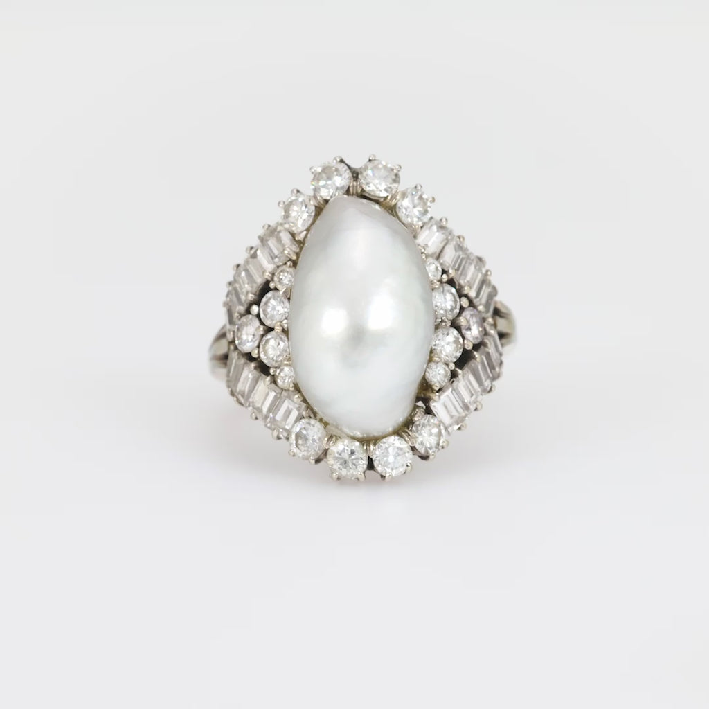 Mid Century pearl diamond 18k white gold cocktail ring Jack Weir & Sons