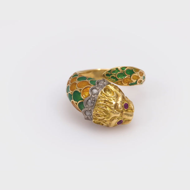 Vintage diamond ruby 18k yellow gold and enamel lion ring Jack Weir & Sons