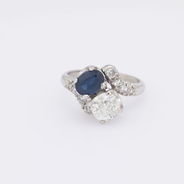 Mid Century GIA 1.41 carat diamond sapphire platinum Toi Et Moi ring