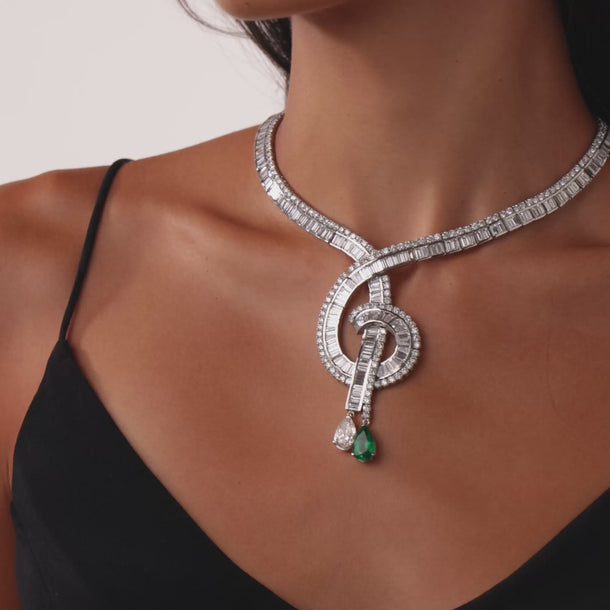 Mid Century GIA 51.50 carat diamond emerald platinum cocktail necklace