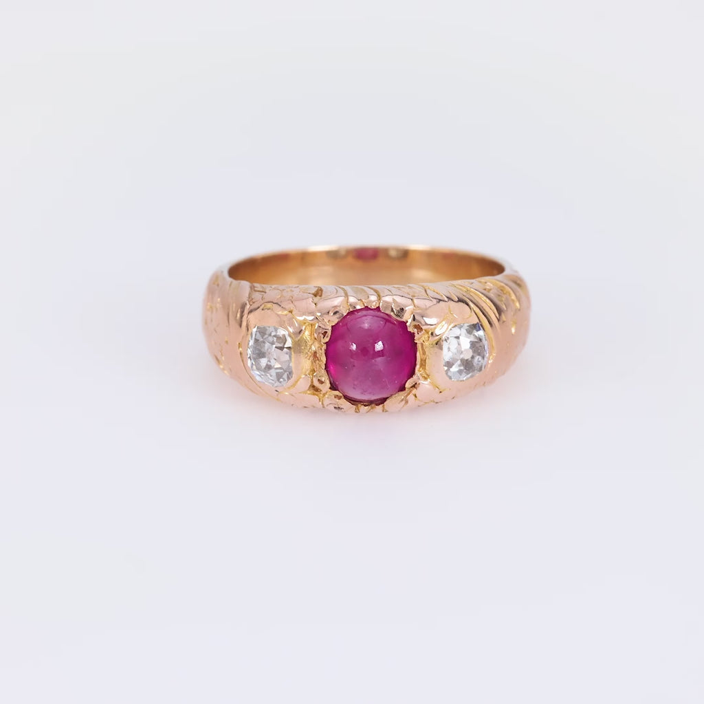 Victorian Burma no heat ruby diamond 18k rose gold three stone ring Jack Weir & Sons