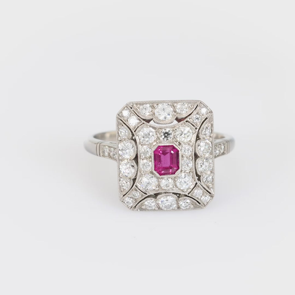 Art Deco Inspired ruby diamond platinum square ring Jack Weir & Sons