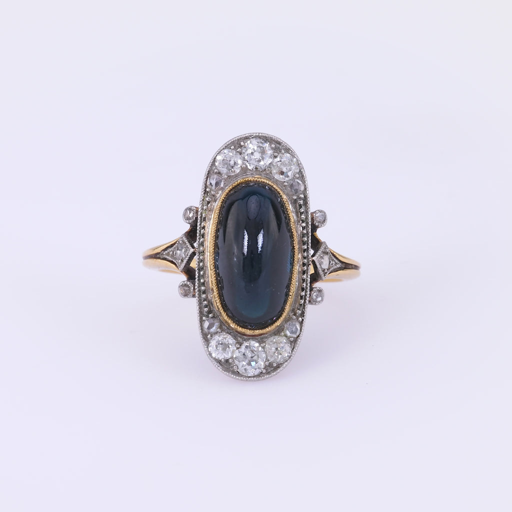 Belle Époque 5.3 Carat Cabochon Sapphire Diamond 18K Yellow Gold Navette Ring