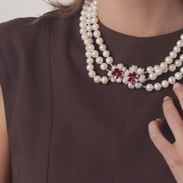 Elan vintage 6.70 carats ruby diamond pearl 18k yellow gold necklace Necklaces Jack Weir & Sons