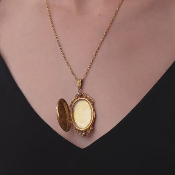 French Victorian pearl 18k yellow gold locket necklace