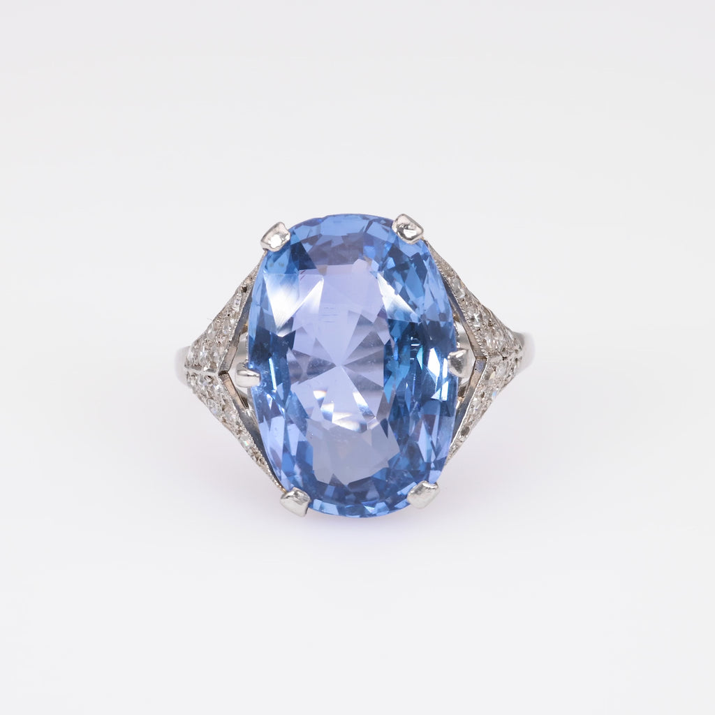 Mid-Century GIA 11.46 Carat Oval Sapphire Diamond Platinum Cocktail Ring