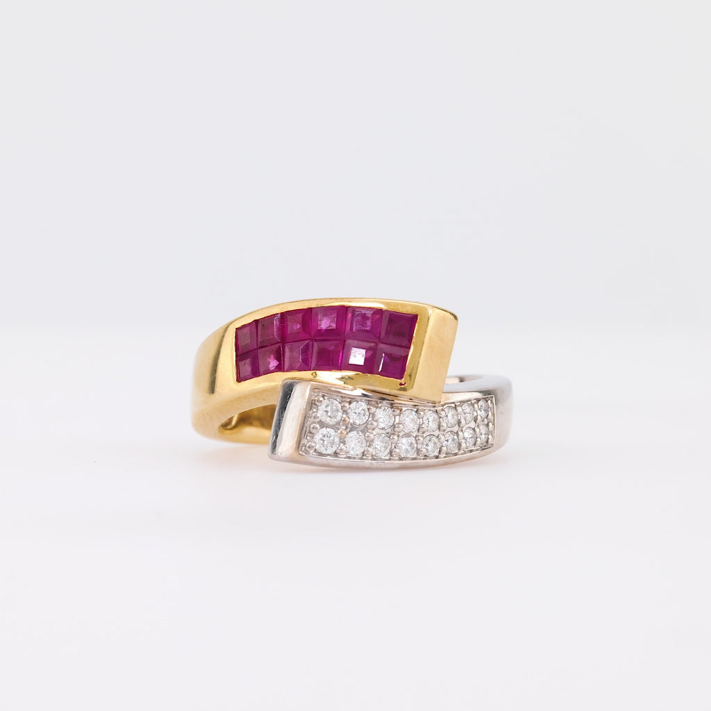 Vintage Ruby Diamond 18K White and Yellow Gold Bypass Ring