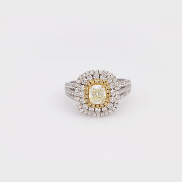 Contemporary white and fancy yellow diamond 14k white gold halo ring Jack Weir & Sons