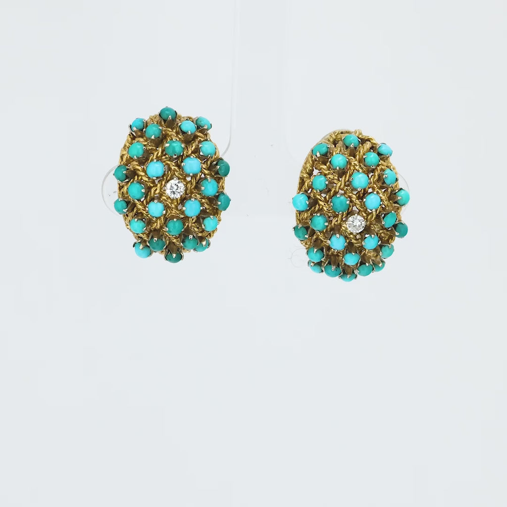 Vintage Italian turquoise diamond 18k yellow gold earrings Jack Weir & Sons