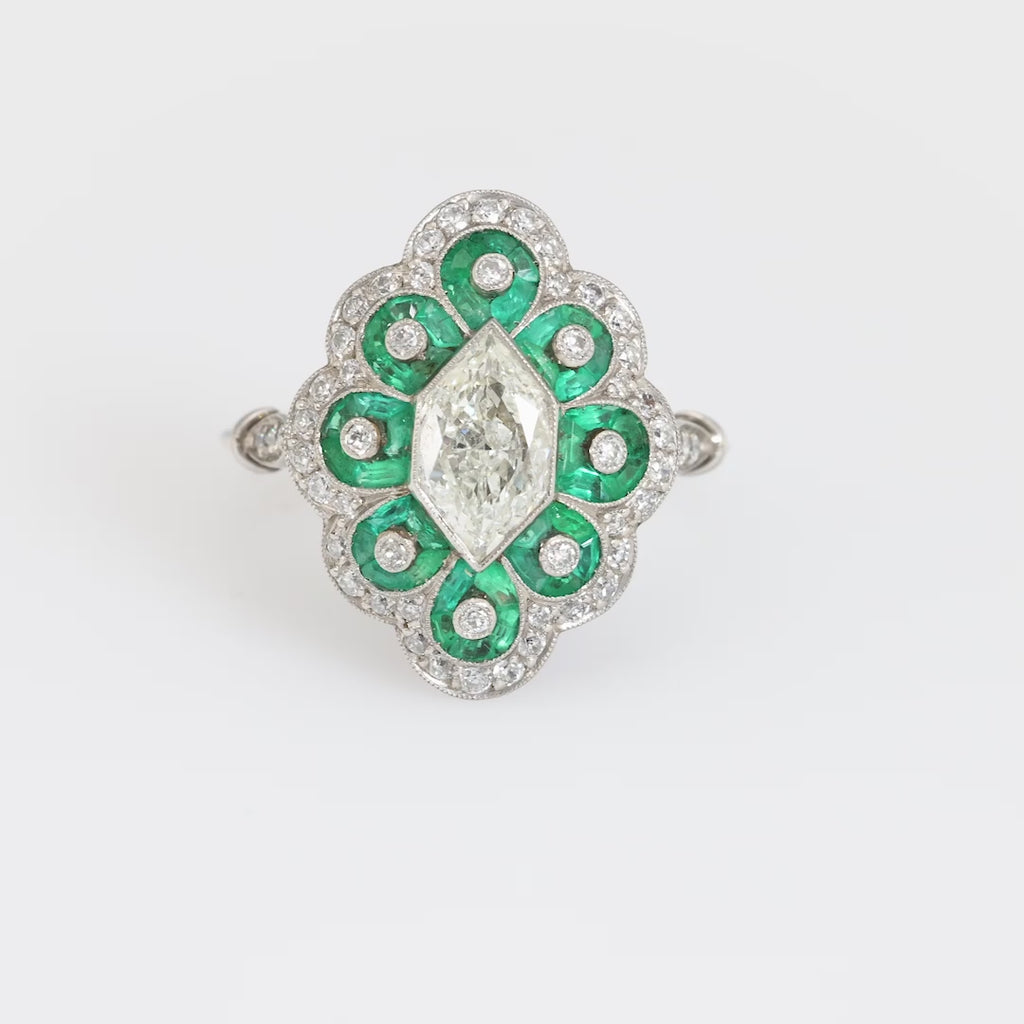 Art Deco style diamond emerald platinum Navette ring Jack Weir & Sons