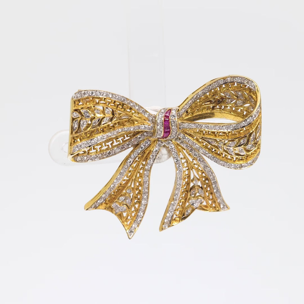 Edwardian inspired diamond ruby 18k gold ribbon brooch Jack Weir & Sons