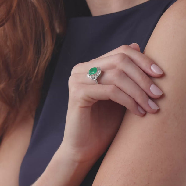 Art Deco style 4.48 carat emerald diamond platinum ring