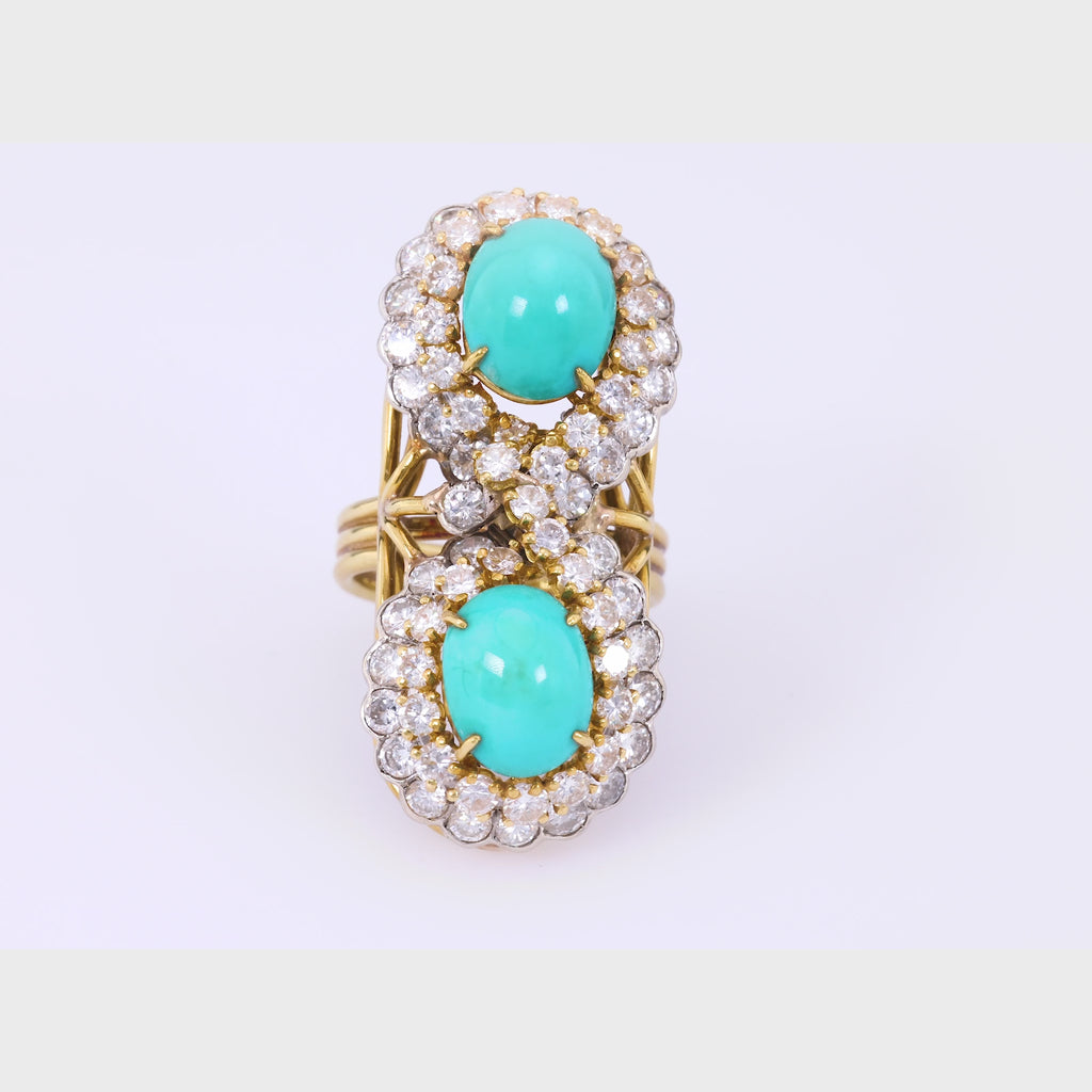 Vintage Turquoise Diamond Yellow and White Gold Toi Et Moi Ring