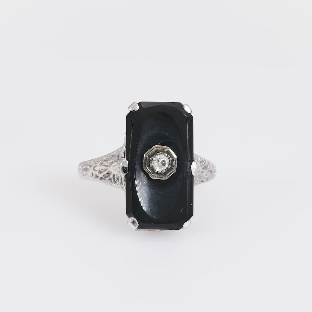 Art Deco old European cut diamond onyx 14k white gold ring Jack Weir & Sons