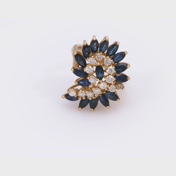 Vintage 2 carat sapphire diamond 14k yellow gold swirl cocktail ring Jack Weir & Sons