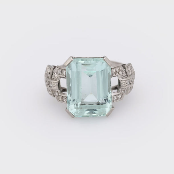 Art Deco 9 carat aquamarine diamond platinum ring Jack Weir & Sons