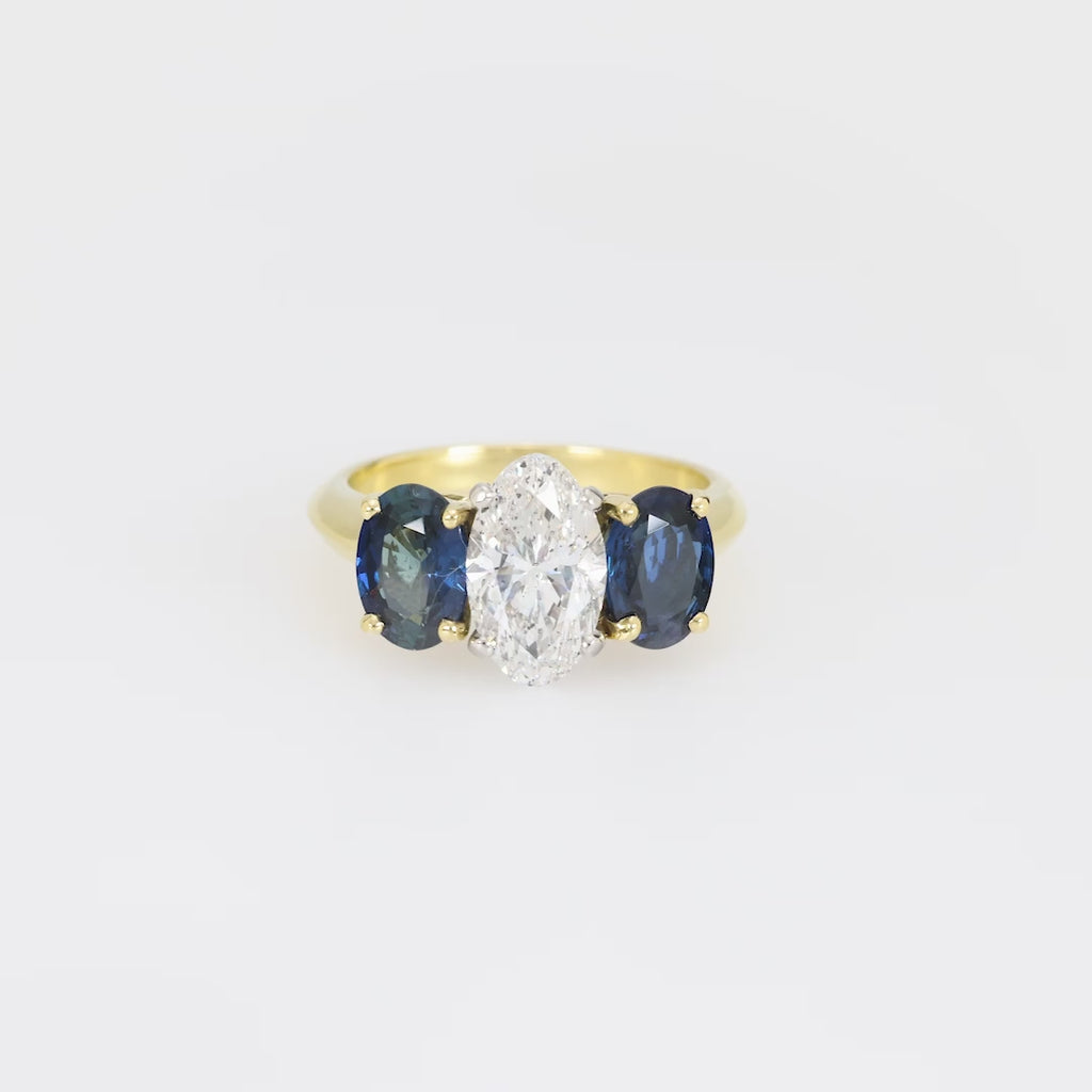 GIA 1.53 carat diamond sapphire 18k yellow gold three stone ring Jack Weir & Sons