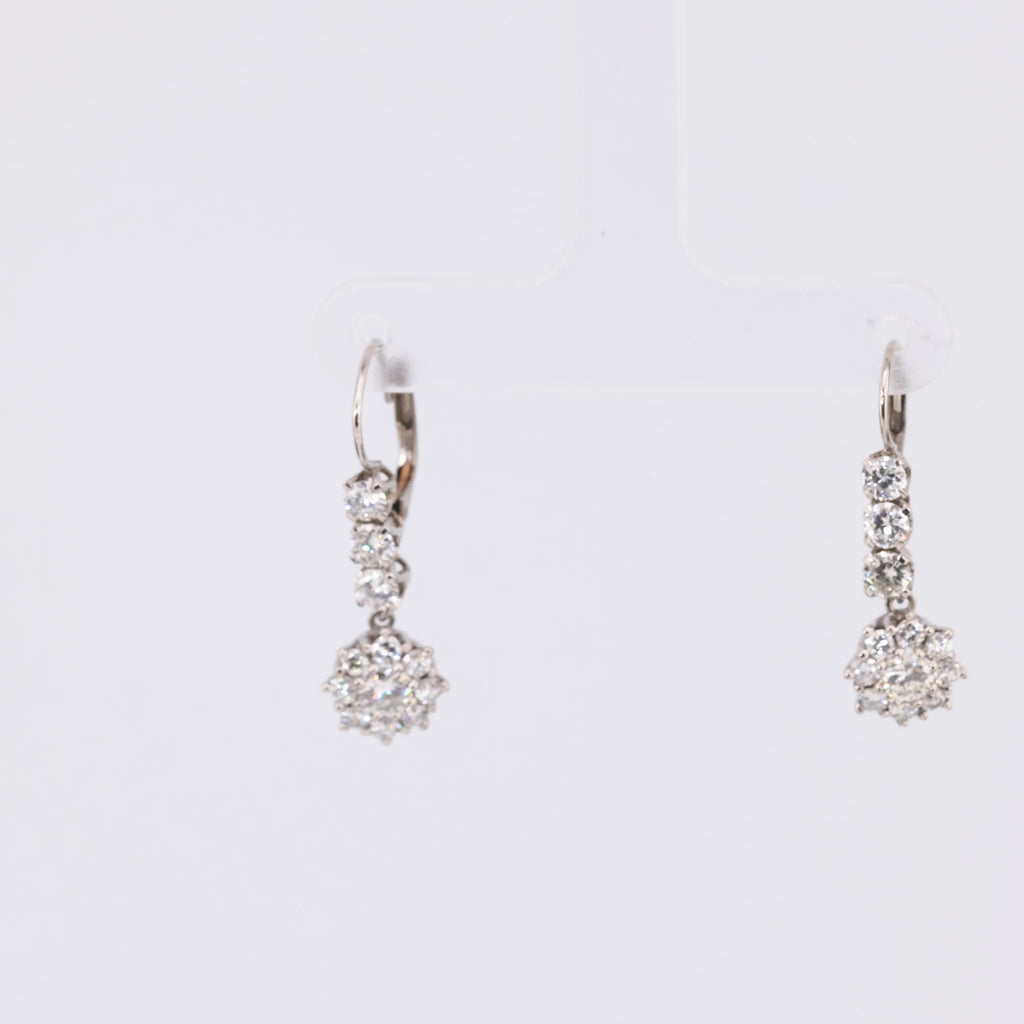 Mid Century 2 carat total weight diamond platinum flower drop earrings