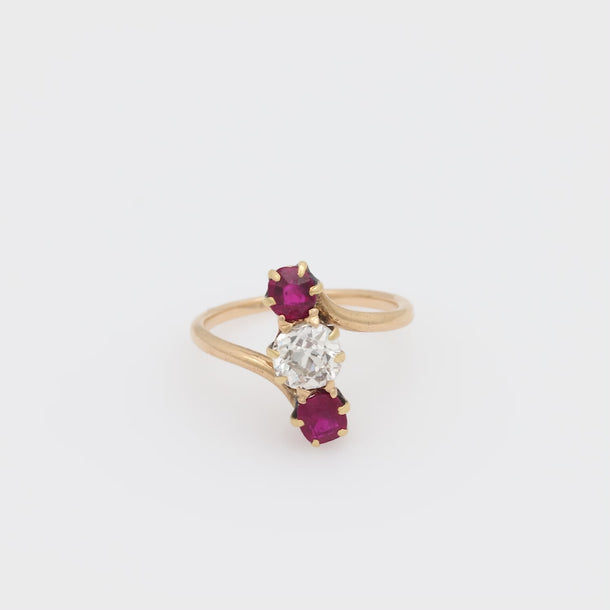 Victorian diamond ruby 14k yellow gold three stone ring Jack Weir & Sons