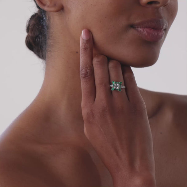 Art Deco style diamond emerald platinum ring