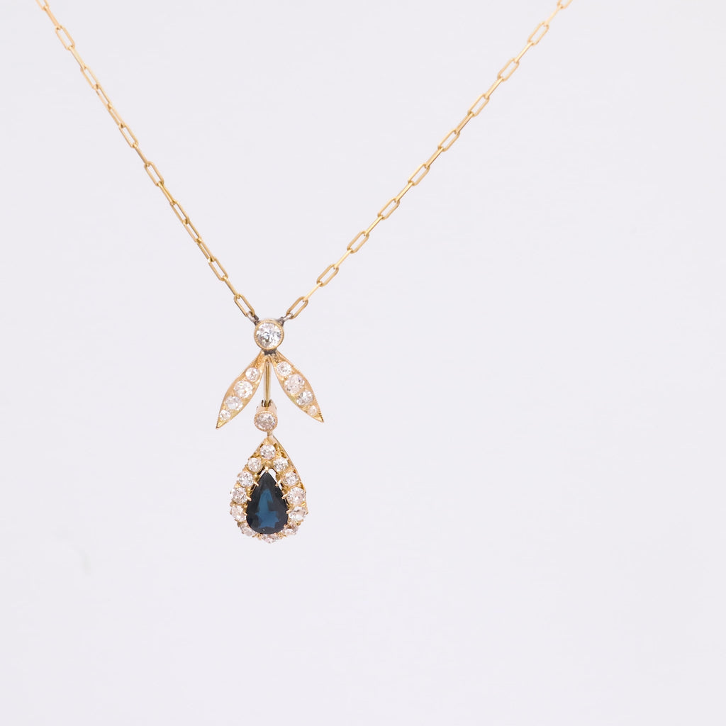 Edwardian Sapphire Diamond 18K Yellow Gold Cluster Necklace