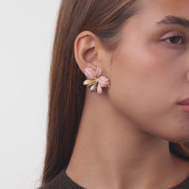 Vintage diamond pink enamel 18k yellow gold flower earrings