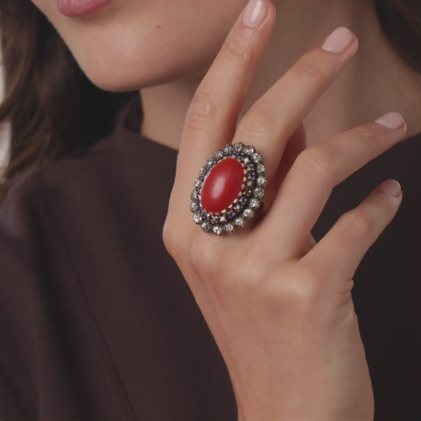Mid Century Oxblood coral sapphire diamond 18k yellow gold cocktail ring Rings Jack Weir & Sons