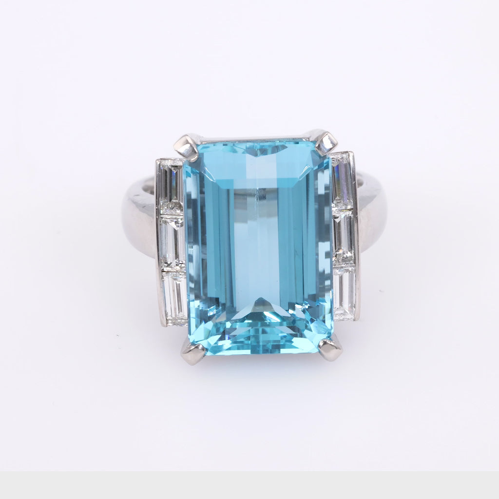 Vintage 10.09 Carat Emerald Cut Aquamarine Diamond Platinum Cocktail Ring