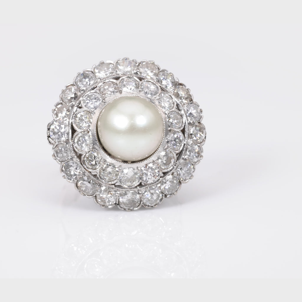 Art Deco Pearl Diamond 14K White Gold Cluster Ring