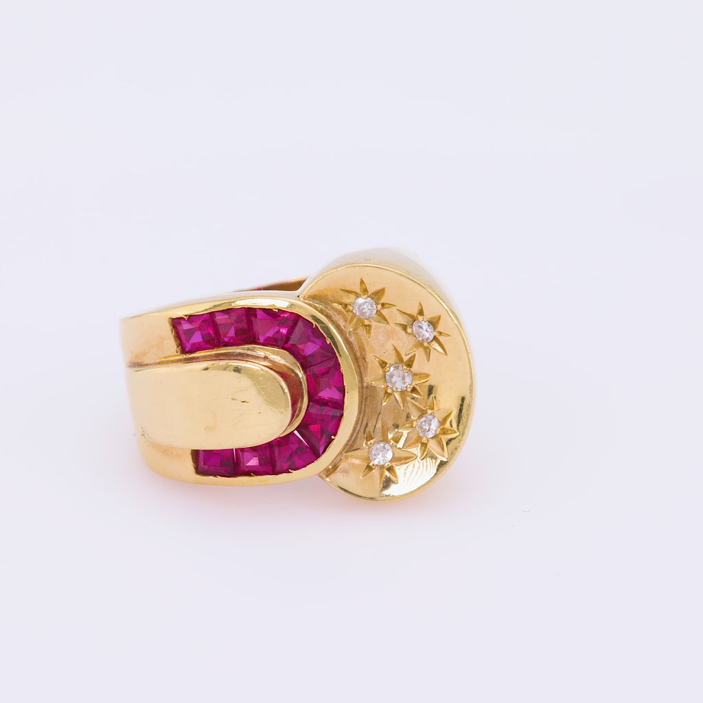 Retro French Synthetic Ruby Diamond 18K Yellow Gold Ring