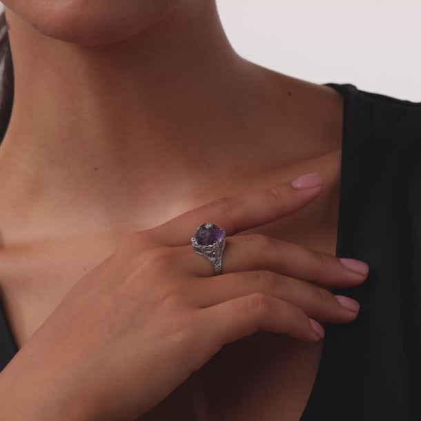 Art Deco carved amethyst diamond 14k white gold filigree ring Rings Jack Weir & Sons