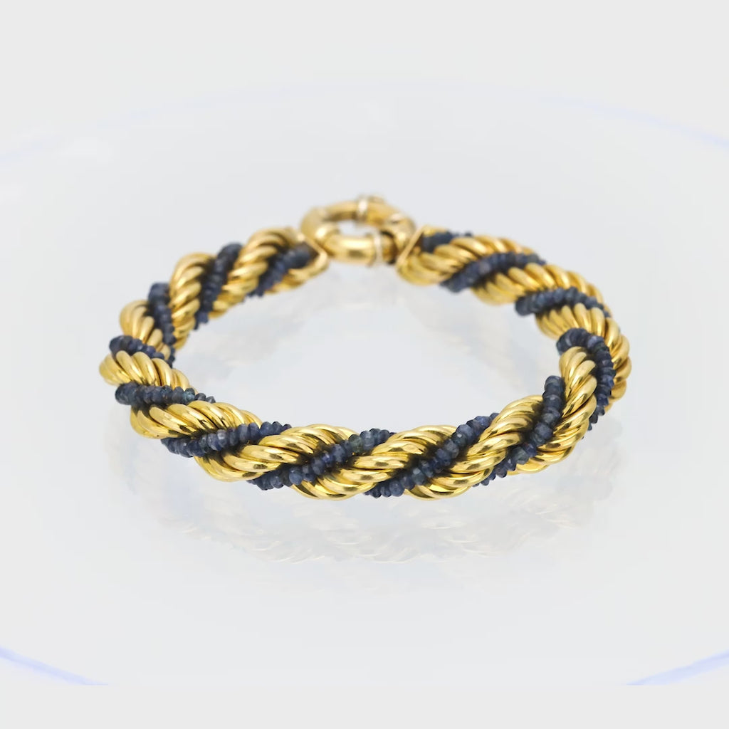 Vintage Beaded sapphires 18k yellow gold rope bracelet