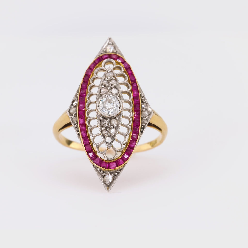 Edwardian Diamond Ruby 18K Yellow and White Gold Navette Ring