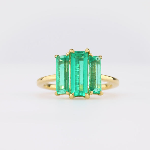 Mid Century Style GIA 2.5 Carat Emerald 18K Yellow Gold Three Stone Ring Jack Weir & Sons